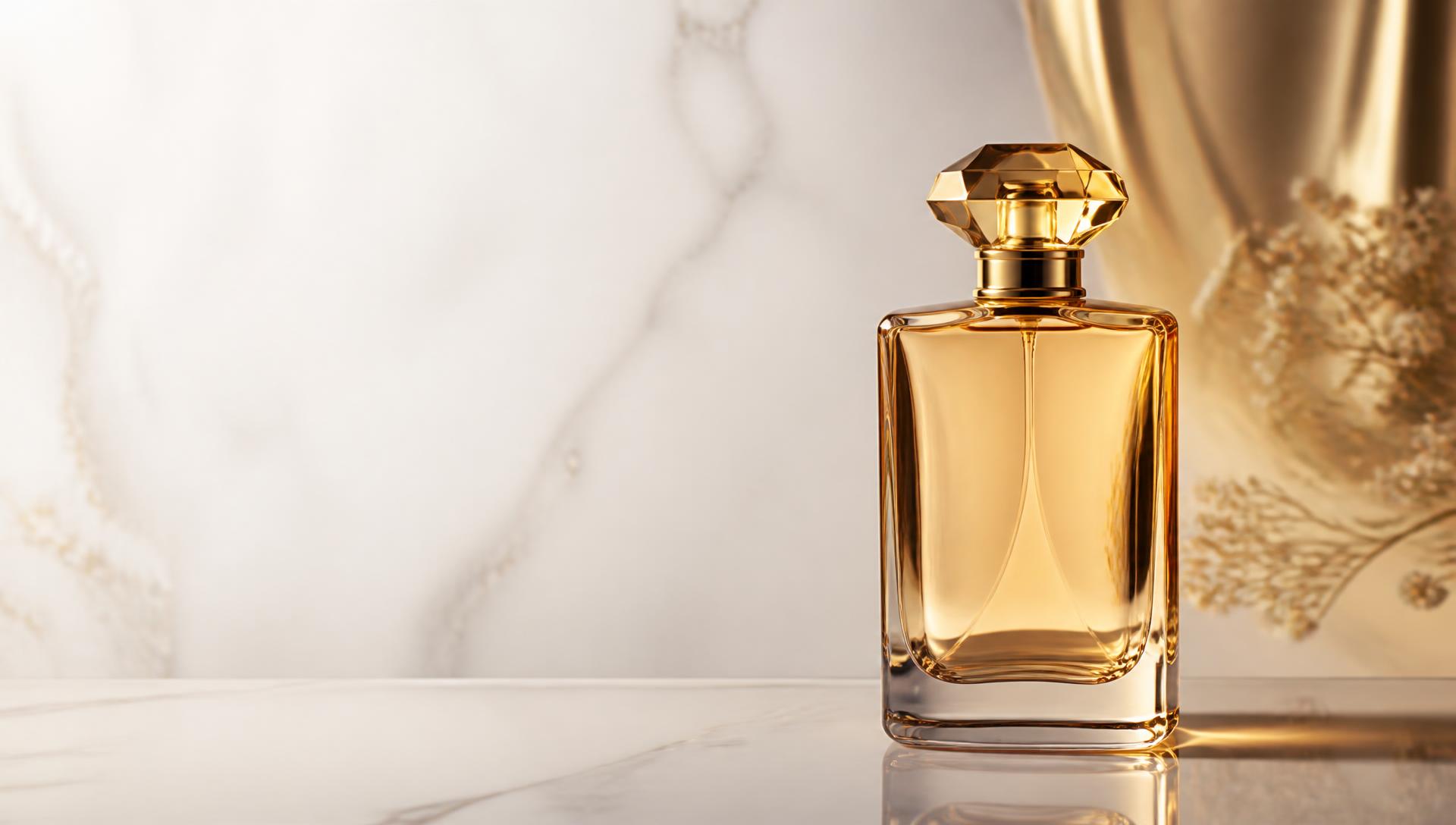 Frasco de perfume dourado sobre mármore branco
